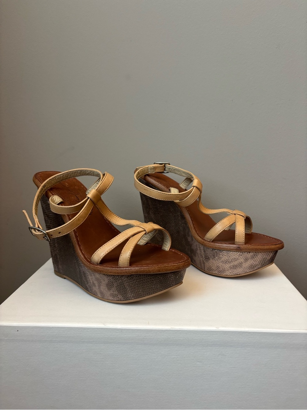 Elizabeth and James Women’s Tan Leather Strappy Wedge Sandals